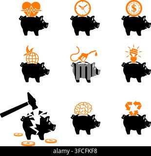 Set Preserve, Save, Conservation Icons with Piggy Bank and Money, Time. Vector isolated on white background. Stock Vector