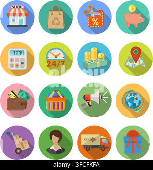 Internet Shopping, Delivery and Cargo Detailed Flat Icon Set for e-commerce with money, truck, gift symbols on colored circles with Long Shadows. Vect Stock Vector