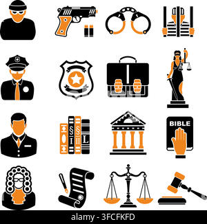 Set Crime and Punishment two color Icons like Thief, Policeman, Lawyer and Judge. isolated vector illustration Stock Vector