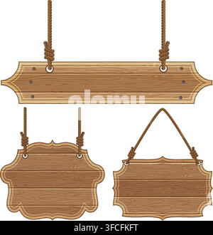 Collect Wooden Board Frames with Ropes and Knots. Vector illustration isolated on transparent background Stock Vector