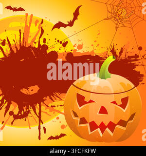 Grunge halloween frame with bats, pumpkin and spider, vector illustration Stock Vector
