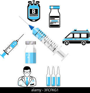 Medicine and healthcare infographics with flat icons like Doctor, blood transfusion, syringe, ambulance. Isolated vector illustration Stock Vector