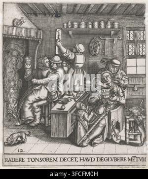 The Shaving of the Fool, RADERE TONSOREM DECET, HAUD DEGLUBERE METUM, Emblemata Saecularia, 1596, print, book illustration, cognizance, Series number, 12, 50, In a room, to the left in front of the fireplace, a woman sits on the lap of a man who embraces her. In one hand she holds a glass of wine, the other she tucks into his purse. The landlady keeps the tally stick. In the foreground, a man, designated as a fool or madman by his jester's staff, is being shaved by a barber. 'The Shaving of the Fool' was a common ritual at jester's festivals in the 16th century: the shaving of the heads of Stock Photo