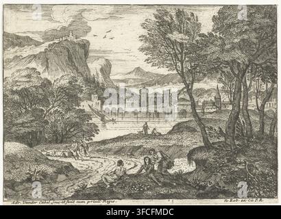 Landscape with three persons along a path, View of a mountain village, Landscapes, series eight, print, Landscape with in the foreground a standing and two seated figures along a winding path, further on two hikers. In the background a city by a lake and a view of a mountain village in the upper left. First print of the series of four., printmaker: Adriaen van der Kabel, France (possibly), publisher: N. Robert, grantor of privilege: Louis XIV (King of France), 1648 - 1705, paper, etching, height 119 mm x width 168 mm., A detailed monochrome landscape showing a river or wide stream with a Stock Photo