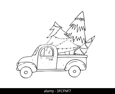 Vector vintage truck with pine trees in line art style. Hand drawn retro pickup carrying Christmas trees with garlands isolated on white. Doodle Stock Vector
