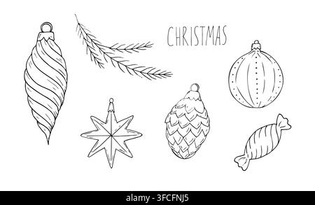 Vector Christmas element set with retro baubles, pine branch and star. Minimalist hand drawn graphic line art with typography isolated on white Stock Vector