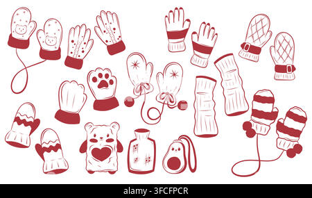 Vector set of mittens and gloves in red line art Stock Vector