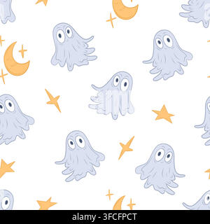 A vector seamless pattern cute ghosts, the moon and stars Stock Vector
