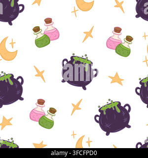 A seamless vector pattern Halloween cauldrons and potion bottles Stock Vector