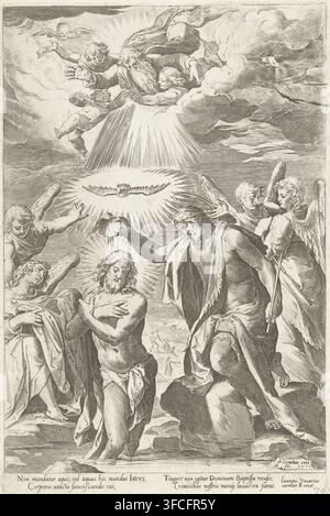 Baptism of Christ in the Jordan, print, Christ stands with his feet in the water of the river, his hands folded before his chest. John the Baptist pours water over his head. Above him the Holy Spirit in the form of a dove and God as an old man, with little angels in a luminous cloud. Four angels look on., signature: 'Cornelius cort fe.', address: 'Laurent. Vacarius, curabat Romae', caption: 'Non mundatur aquis, sed aquas hic mundat Iesus, Corporis attactu sanctificando sui, Tingere non igitur Dominum Baptista recuses, Criminibus nostris namque lavachra parat.', printmaker: Cornelis Cort, Rome, Stock Photo