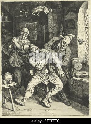 Healer, print, A man is being treated by a doctor or healer for a wound on his arm; he screams out in pain and his wife recoils in fright., printmaker: Cornelis Dusart, Haarlem, 1695, paper, etching, height 260 mm x width 180 mm, barber, surgeon., A crowded interior scene rendered in detailed black-and-white linework shows a small room with a few people in animated poses. In the foreground a man sits on a stool with legs spread, his clothing creased and loose, one hand gripping his chest and the other pressing against his side while his face is contorted in an open-mouthed expression. Beside h Stock Photo