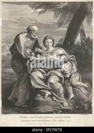 Holy Family, print, The Holy Family: Christ, Joseph, and Mary. Mary sits with a book in her hand under a palm tree, while the Christ Child beside her reaches over her towards the flowers Joseph is showing on a cloth. Below the image is a caption in Latin., printmaker: Gerard Edelinck, Paris, after painting by Carlo Maratta, Italy, publisher: Nicolas de Poilly (I), grantor of privilege: Louis XIV (King of France), France, 1666 - 1696, paper, engraving, height 420 mm x width 313 mm, and derived representations., A detailed black-and-white engraving shows a seated woman in flowing drapery holding Stock Photo