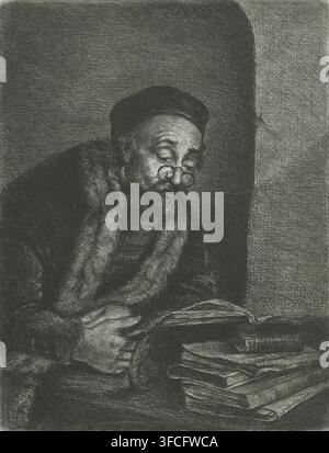 Man behind a desk, print, A bearded man with glasses. He is sitting behind a desk and studying the contents of a book., printmaker: Jan Chalon, Northern Netherlands (possibly), 1748 - 1795, paper, etching, drypoint, etching and drypoint, height 204 mm x width 157 mm, reading, eyeglasses, spectacles, morphology of human expression (+ adult male (human being)), lector., A monochrome sketch of an older person wearing a dark rounded cap and a heavy fur-lined coat, seated and leaning over an open book, with closed eyes and round spectacles perched low on the nose; a hand rests on the book while a Stock Photo
