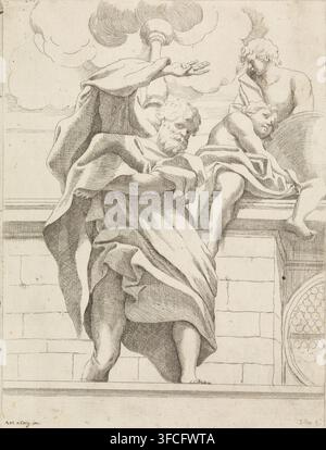 A detailed pen-and-ink drawing shows a group of draped figures on a stone ledge, with flowing garments rendered in fine hatching. One central figure stands with a cloak billowing and an arm raised toward a cloud formation above, while a bearded figure leans forward beneath the cloak, head bowed. A reclining childlike figure rests on the ledge with its head turned and eyes closed, partially covered by a cloth, and another figure stands behind them looking down. The background features layered clouds and the textured blocks of an architectural wall, with a round patterned element visible at the Stock Photo