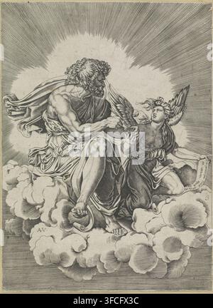 A detailed black and white engraving of two large human figures seated on a bed of clouds with radiating lines forming a bright backdrop; the figure on the left is an older, muscular man with curly hair and a beard, draped in flowing fabric that billows behind him, his arm extended toward the other figure while he holds a small vessel; the figure on the right is a younger, winged person with long hair tied back, looking up toward the older man while reaching for the vessel and holding a cloth at their waist; both figures wear layered, textured garments with visible folds and musculature, and t Stock Photo