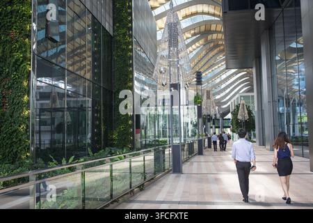 Two office employees walk along a covered walkway between modern glass buildings with decorative lighting and lush vertical greenery in a Singapore bu Stock Photo