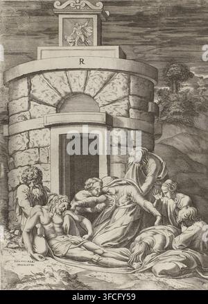 A stone circular structure with a rounded archway and a rectangular doorway sits in the upper part of the scene, its masonry rendered with textured blocks and a decorative pedestal and relief above; in front of the structure a group of figures cluster closely, many with draped garments and flowing hair, several leaning over or supporting a reclining male figure who appears limp and partially covered by cloth, others kneeling or sitting nearby with expressive hand gestures and bowed heads; a bearded man with curly hair stands to one side, and a few figures show long hair cascading over their Stock Photo