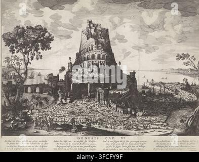 Tower of Babel, print, Under the supervision of King Nimrod and his soldiers, work is underway on the construction of the Tower of Babel. In the foreground on the left stands the king with the design for the tower in his hands. In front of and on the tower, workmen are busy hacking, digging, and transporting goods with camels and horses. In the background, several ships lie off the coast. In the margin, a reference to Gen. 11 and a sixteen-line poem, in four columns, in Dutch., printmaker: Dionysius Padtbrugge, Northern Netherlands, after design by Nicolas Cochin, writer (clerical worker): R. Stock Photo