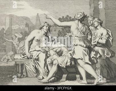 A group of four partially draped women occupy the foreground, two seated on a bench and two standing nearby; one seated woman rests her head against another's lap while the other seated woman holds a finger to her mouth, and a standing woman reaches outward with an extended arm pointing while the fourth looks on. The figures wear flowing garments with visible folds and exposed shoulders and legs, and their hair is styled in updos and loose waves. Behind them, dense foliage rises against a horizontal-lined sky, and architectural elements including a column, a low wall, and distant building Stock Photo