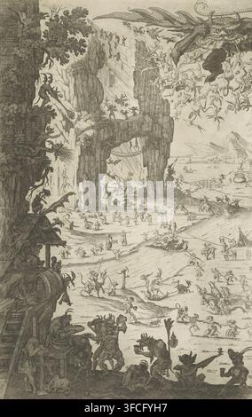A densely detailed monochrome scene filling the frame shows a landscape of jagged cliffs and rocky arches with numerous small, fantastical humanoid and creature-like figures engaged in animated activity across foreground, midground, and background. At the top right, a large dragon-like head with textured scales and flowing appendages dominates, and many tiny figures appear to fall or fly around it. The central area features towering rock formations with a rope bridge and figures positioned on ledges, beneath which smaller groups gather and move. The lower portion contains a busy shoreline or p Stock Photo