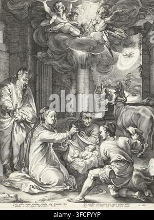 A detailed black and white engraving shows a group of figures gathered around an infant lying on cloth, with a kneeling woman reaching toward the baby and a bearded man holding a candle nearby; several men surround them, one kneeling and offering fabric and another bending forward with a bucket at his waist, while an ox stands to the side. Above them a large billowing cloud fills the upper area, from which a group of cherubic figures and a winged angel emerge, light rays streaming downward; a small flying figure is visible against a bright circular glow in the distance. The setting includes Stock Photo