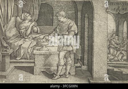 A monochrome engraving showing an interior scene with a bed on the left where a reclining figure sits up against cushions and drapery, their hands held together near their chest and head turned upward. In front of the bed stands a young man in period clothing, reaching toward a shallow bowl on a plinth while holding a small purse at his side. Architectural elements include rounded archways and a columned passage to the right, and a narrow panel at the far right depicts a small scene of an angelic figure grasping another figure near an arched opening. The image is rendered in fine line work Stock Photo