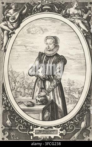 Portrait of Josina Hamels, print, wife of Jacques de la Faille. Knee-length, standing behind a table on which rests a book and a skull. The left hand rests on the skull, in the right hand a handkerchief with tassels. In an oval without inscription around the edge. The oval itself is again in an ornamental frame containing at the top two ladies, one with a music book and one with a lute. At the bottom two peacocks. Pendant to a portrait of her husband Jacques de la Faille., signature: 'HGoltzius. fecit.', date: '1580', printmaker: Hendrick Goltzius, Haarlem, 1580, paper, engraving, height 197 Stock Photo