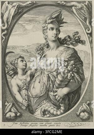 Ceres, Bacchus, Venus and Ceres, print, Series number, 3, Ceres as the embodiment of the abundance of the earth. On her head she wears a crown of ears of corn, in her arm she holds the horn of plenty and in her hand a sickle. Beside her stands her daughter Proserpina. The upper corners of the frame are decorated with two dragons, the lower corners with agricultural products., printmaker: Hendrick Goltzius, printmaker: Jan Saenredam, Northern Netherlands, writer (clerical worker): Cornelius Schonaeus, 1575 - 1607, writer (clerical worker), paper, engraving, gravure, height 249 mm x width 182 mm Stock Photo