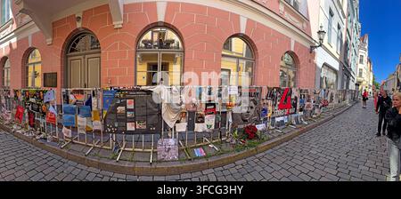 Panorama of anti-war memorials and Ukraine protest material outside Russian Embassy in Tallinn, Estonia Stock Photo