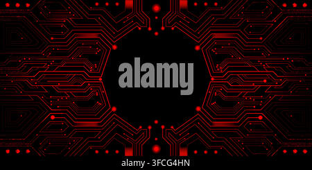 Red circuit board background with glowing neon lines and nodes, Abstract vector frame, ai technology pattern with digital network design, futuristic tech electronic concept, semiconductor border Stock Vector
