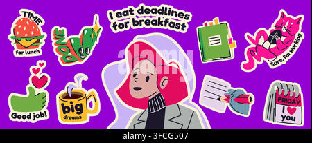 Cute office stickers with business woman and funny cat character. Vector cartoon illustration of corporate life elements, coffee cup, calendar, thumbs-up and done signs, work-themed emoji collection Stock Vector