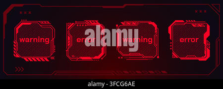 Futuristic ui frame with neon glowing hud elements on black background. Vector realistic illustration of holographic error interface design, red game screens, tech dashboards, cyberpunk square borders Stock Vector