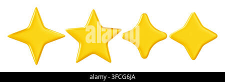 Realistic set of 3d gold stars on white background. Vector illustration of yellow sparkle signs for badge, review, trophy, and festive decoration designs, premium quality award icon, christmas sticker Stock Vector