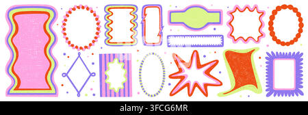 Wavy shape frame set with scalloped edges and cute Y2K retro design. Vector set of playful color crayon borders for kid photos, text box, decorative graphics, retro style geometric collage elements Stock Vector