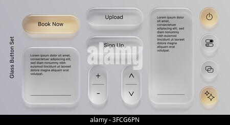 Transparent glass ui buttons set isolated on background. 3d vector realistic design of sleek liquid frames with soft shadows, contemporary glass morphism icons for web and mobile interface apps Stock Vector