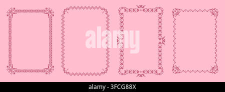 Cross stitch borders with embroidery pattern and floral ornament. Vector pink frames with decorative corner and line elements and pixel texture for fabric decoration, and vintage textile designs Stock Vector