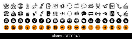 Set of round contact icons on white background. Vector illustration of communication pictograms, telephone, smartphone, message, internet, megaphone, and radio signs for digital interface design Stock Vector