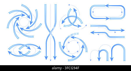 Blue arrow icons showing flow direction and cold air circulation with color gradient effect. Vector abstract illustrations of cool airflow lines, fresh wind or ventilation stream on white background Stock Vector