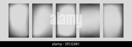 Black vignette borders with soft shadow, dramatic frame effect for photography. 3d vector grunge template on transparent background, smooth gradient texture for professional overlay design Stock Vector