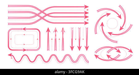Hot air flow arrows set isolated on white background. Vector realistic illustration of temperature direction signs, heat and airflow movement with red wave lines for climate control system design Stock Vector