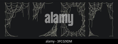 Halloween frames with spooky spider web on black background, sketch vector borders for festive posts. Scary cobweb patterns, gothic elements for haunting atmosphere designs Stock Vector