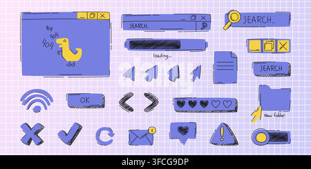Hand drawn doodle browser icons, search bar and loading progress circles, sketch vector buttons. Ui elements for web interface design, error window and cursor arrows, folder and new message mockups Stock Vector