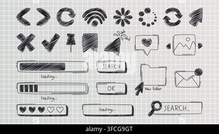 Hand drawn doodle browser icons, search bar and loading progress circles, sketch vector buttons. Ui elements for web interface design, computer window and cursor arrows, folde, message, picture sign Stock Vector