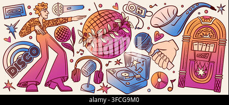 Retro disco stickers set for dance music party poster design. Vector cartoon illustration of dancing man character, mirror ball, cd player, tape record, vintage saxophone, and microphone doodle icons Stock Vector