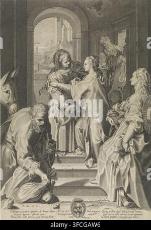 Visitation, print, Mary and Elizabeth greet each other on the steps of a house. In the foreground Joseph by the donkey and a maid with a basket with two doves. At the bottom center a cardinal's coat of arms., printmaker, after print by, after painting by, Federico Barocci, Gijsbert van Veen, paper, engraving, height 423 mm x width 290 mm, Mary and Elisabeth shaking hands., A grayscale engraving showing a group of people on stone steps beneath an arched doorway with a view of a distant town through the arch. Two women stand facing each other near the center, embracing with gentle expressions, o Stock Photo