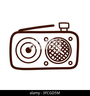 Vintage radio record player line art vector featuring a tabletop receiver, turntable, speaker, antenna and tuning dial in a nostalgic retro design. Stock Vector