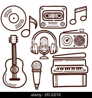 Vintage music line art vector set featuring vinyl record, cassette tape, radio, headphones, microphones, guitar, piano and musical notes in a classic Stock Vector