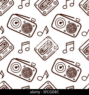 Vintage radio and musical notes seamless line art vector pattern featuring retro audio elements in a rhythmic repeating composition. Stock Vector