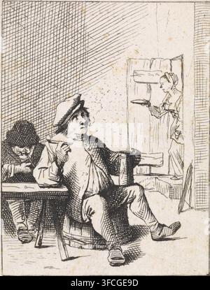 Sitting farmer with jug and pipe, Farmers, print, A farmer is sitting to the right of a table, with a jug and a pipe in his hands. A man is sitting behind the table. A woman is entering the room through the door on the right., printmaker, after print by, after design by, Low Countries, David Teniers (II), paper, etching, height 76 mm x width 59 mm, pipe, tobacco, open hearth, fire-place., A black and white ink drawing showing an interior scene with a group of seated men and a woman standing in a doorway. In the foreground a man wearing a hat and cloak sits on a stool with one leg extended and Stock Photo