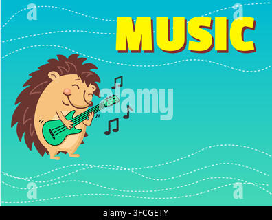 Brown hedgehog on guitar playing music. Audio at the concert. Text design. city. Installation. Vector illustration. green. Stock Vector